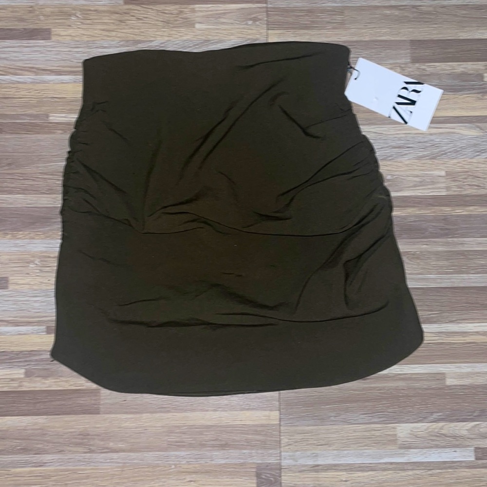Zara olive green rushed on the sides skirt